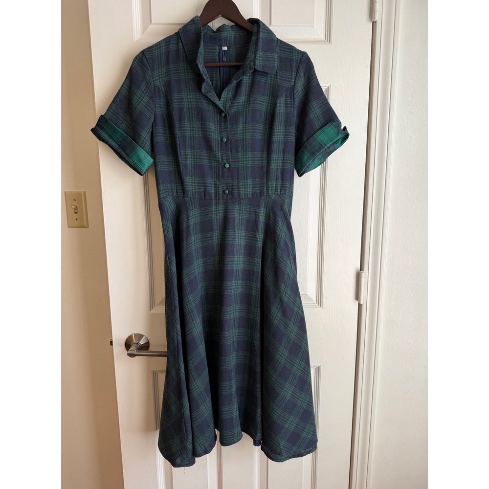 NWOT Unique Vintage Black Watch Plaid A-Line Shirt Dress w/ Belt Sz XL Fits 6-8